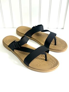 Crocs Tulum Toe Post Sandals Black Tan Flip Flop Comfort Strappy Women’s Size 11